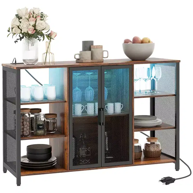 Wine Bar Cabinet with RGB LED Lights, Charging Station & Glass Holders, Brown