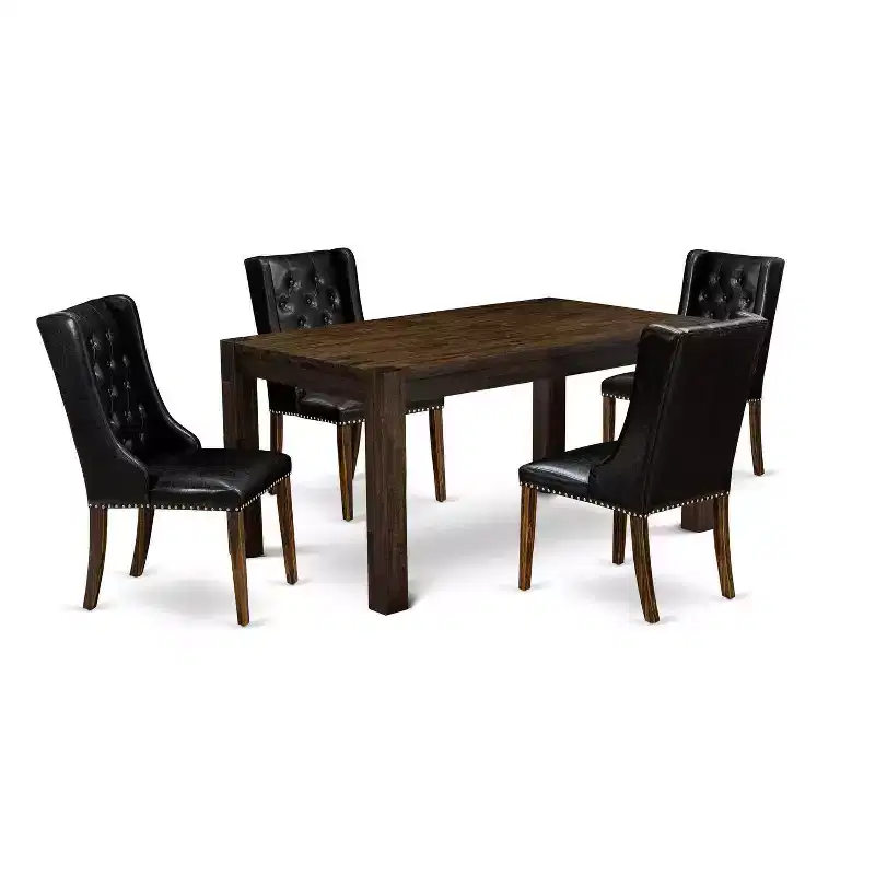 5-Piece Natural Brown Finish Solid Wood Top - Rectangular Button Tufted Dining Room Set - Seats 4