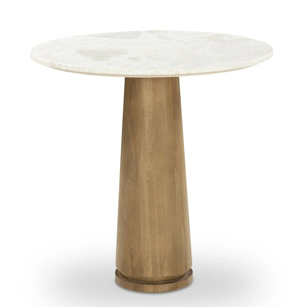 Modern Marble & Oak Coffee Table with Round Veined Top & Carved Pedestal Base for Living Room