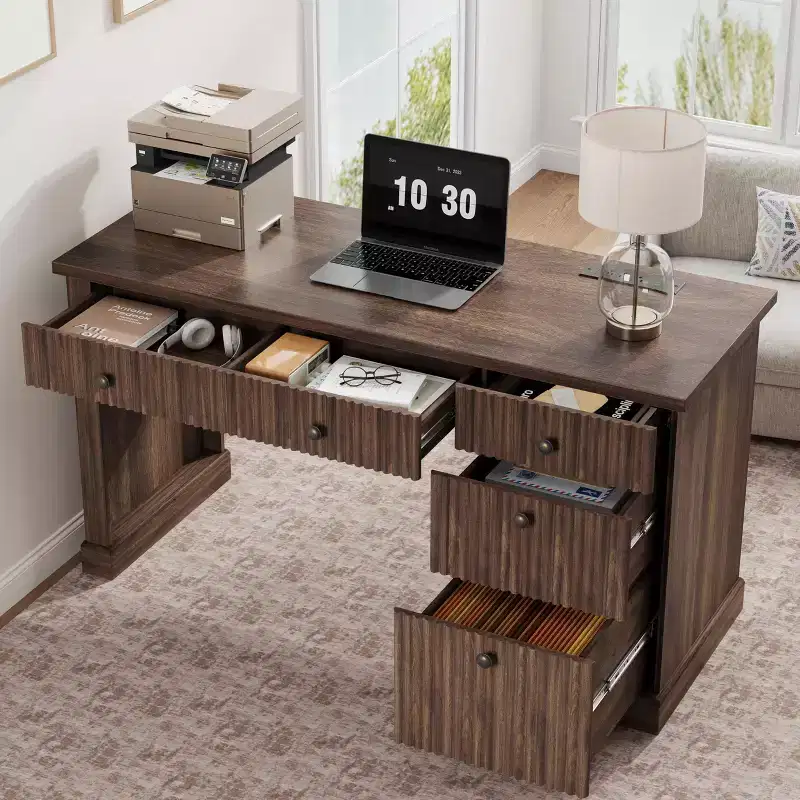 Modern Fluted Executive Desk 54  Wooden Writing Computer Table with File Drawers, Storage Cabinet & Charging Station  Home Office or Small Spaces
