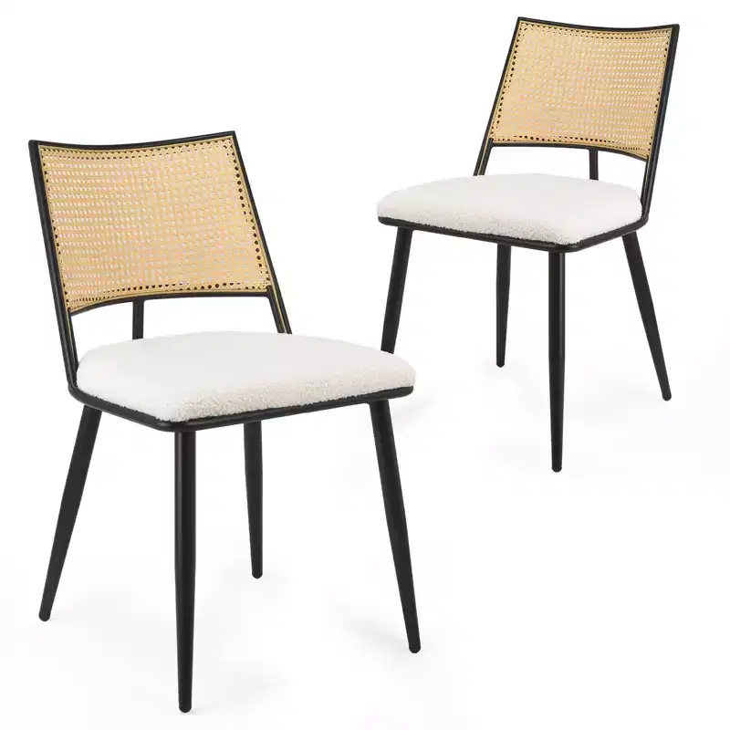 PexFix 2Pcs Dining Chairs Mid-Century Modern Kitchen Chairs with Rattan Backrest & Metal Frame Boucle Upholstered Accent Chairs White