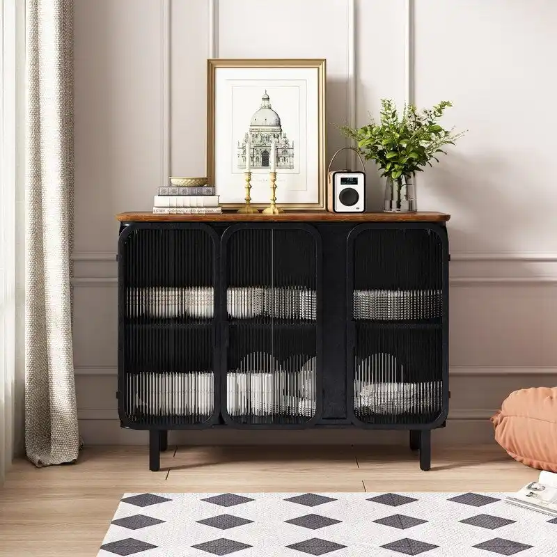 Vintage Accent Cabinet with Hazy Tempered Glass Door and Shelves, Kitchen Sideboard Buffet, Entry Cabinet