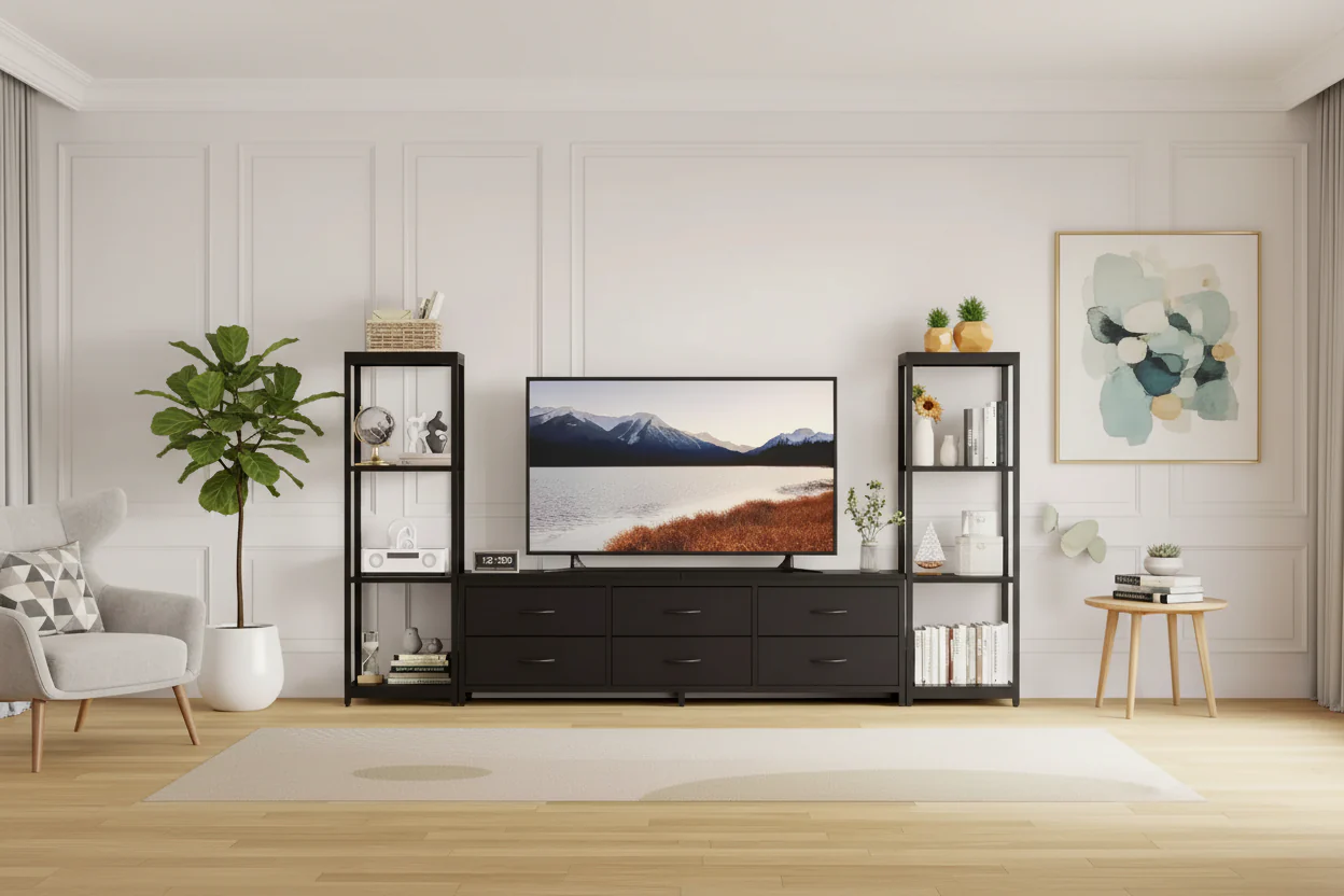 TV Stand for 75 Inch TV, Modern Entertainment Center with Drawers, Bookshelves and Power Outlets