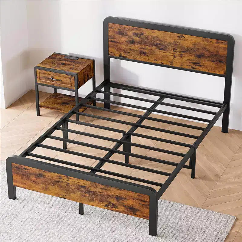 Queen-Size Bed Frame with Wooden Headboard and Footboard, Rustic Platform Bed with Metal Slats
