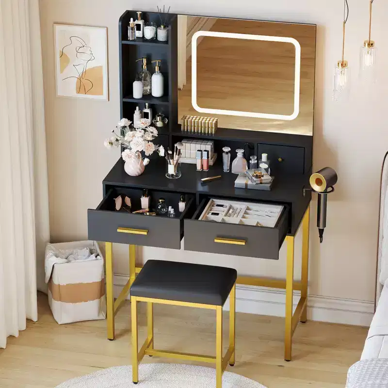 GustoWave Modern Vanity Desk with Mirror, 4 Drawers 2 Shelves Makeup Table for Bedroom Dressing Room, Black