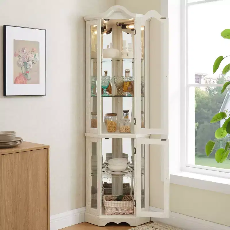 Lighted Corner Curio Cabinet with Tempered Glass Doors & Shelves - Elegant Display Storage for Living Room & Bedroom Decor