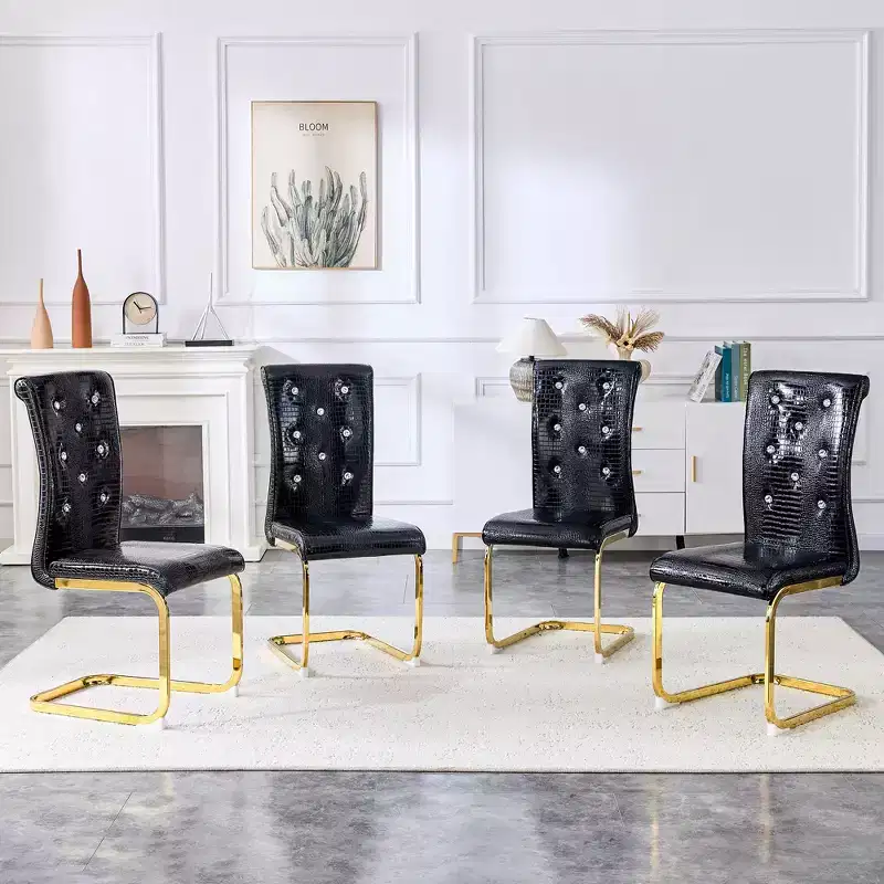 Set of 4 Upholstered Dining Chairs with Faux Leather and Crystal Buckle Details, with Durable Metal Legs