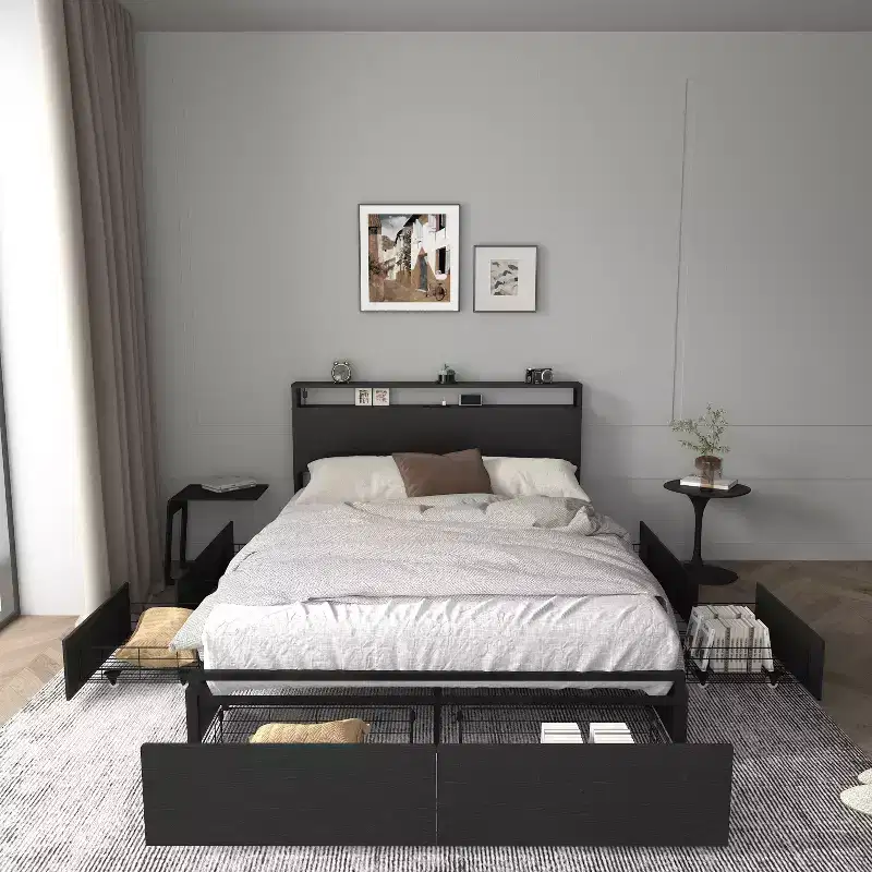 GDFStudio Marias Modern Bed Frame with 6 Drawers and, LED Light and Storage Headboard