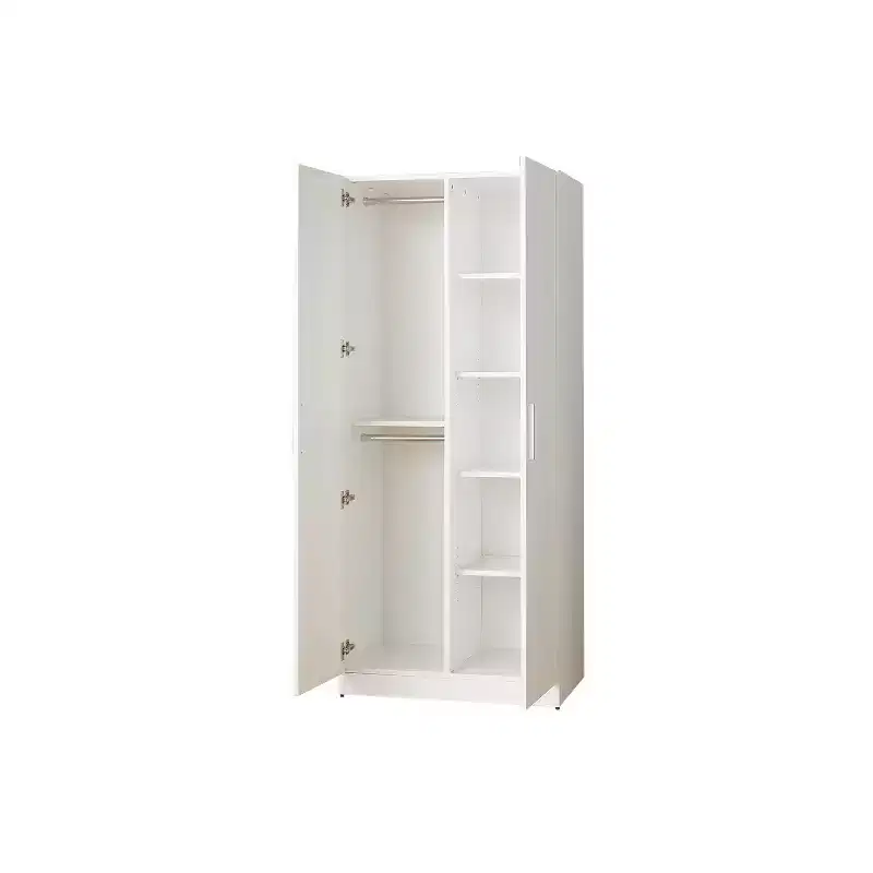 White 2-Door Wood Wardrobe with Hanging Bars & Shelves