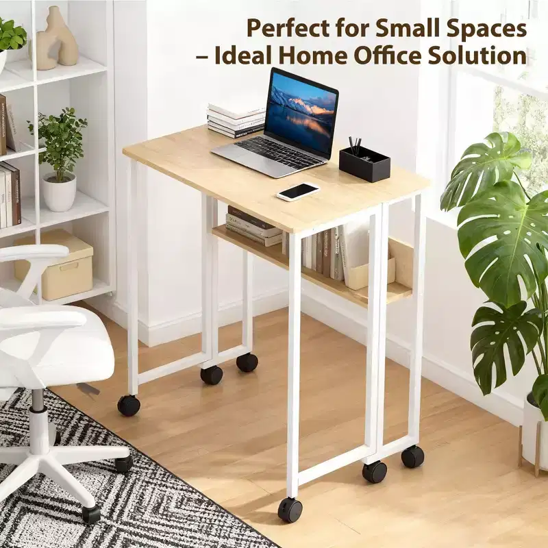 Folding Desk Small Rolling Desk with Storage Shelf,31.5 Inch Foldable Computer Table for Small Spaces, Space Saving Sofa Table with Wheels