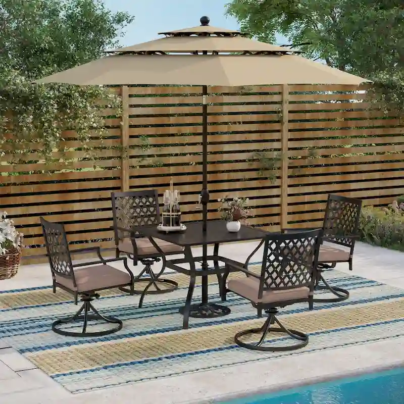 MAISON ARTS 6-Piece Metal Patio Dining Set: 4 Swivel Chairs, 1 Steel Frame Square 37 Table and 1x10ft 3-Tier Red Umbrella