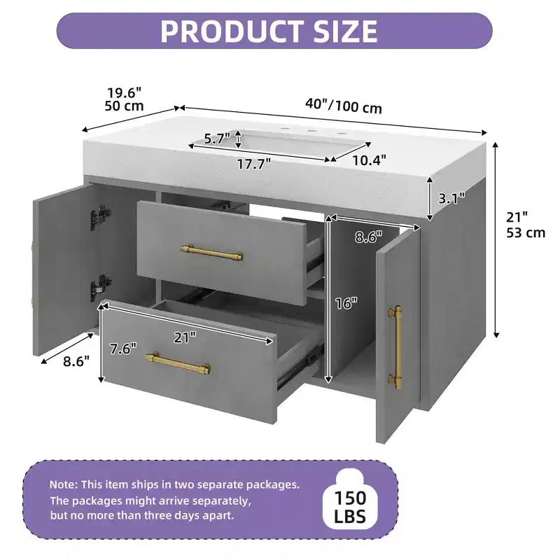 40 Inch Floating Vanity with 2 Doors & Drawers Wall Mounted Storage Cabinet