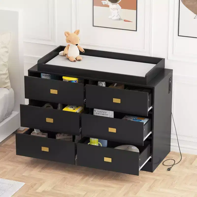 Coolmee Nursery Dresser with Changing Table Top, 6 Drawer Baby Dresser with Anti-Tip Kit, Waterproof Top and Safety Rails Storage Organizer