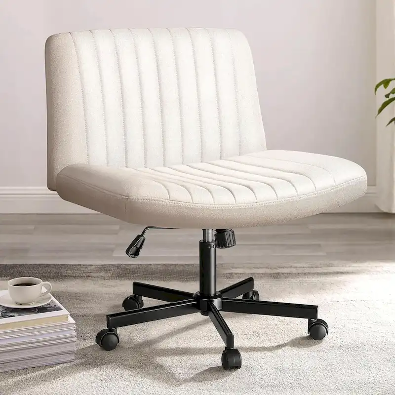 Armless Office Desk Chair with Wheels, Fabric Padded Cross Legged Chair, Swivel Wide Seat Vanity Chair
