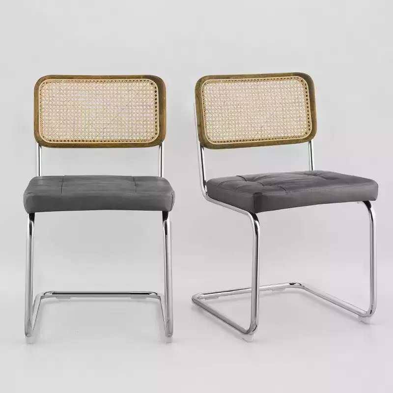 Faux Leather Seat and Wicker Cane Back Dining Chairs