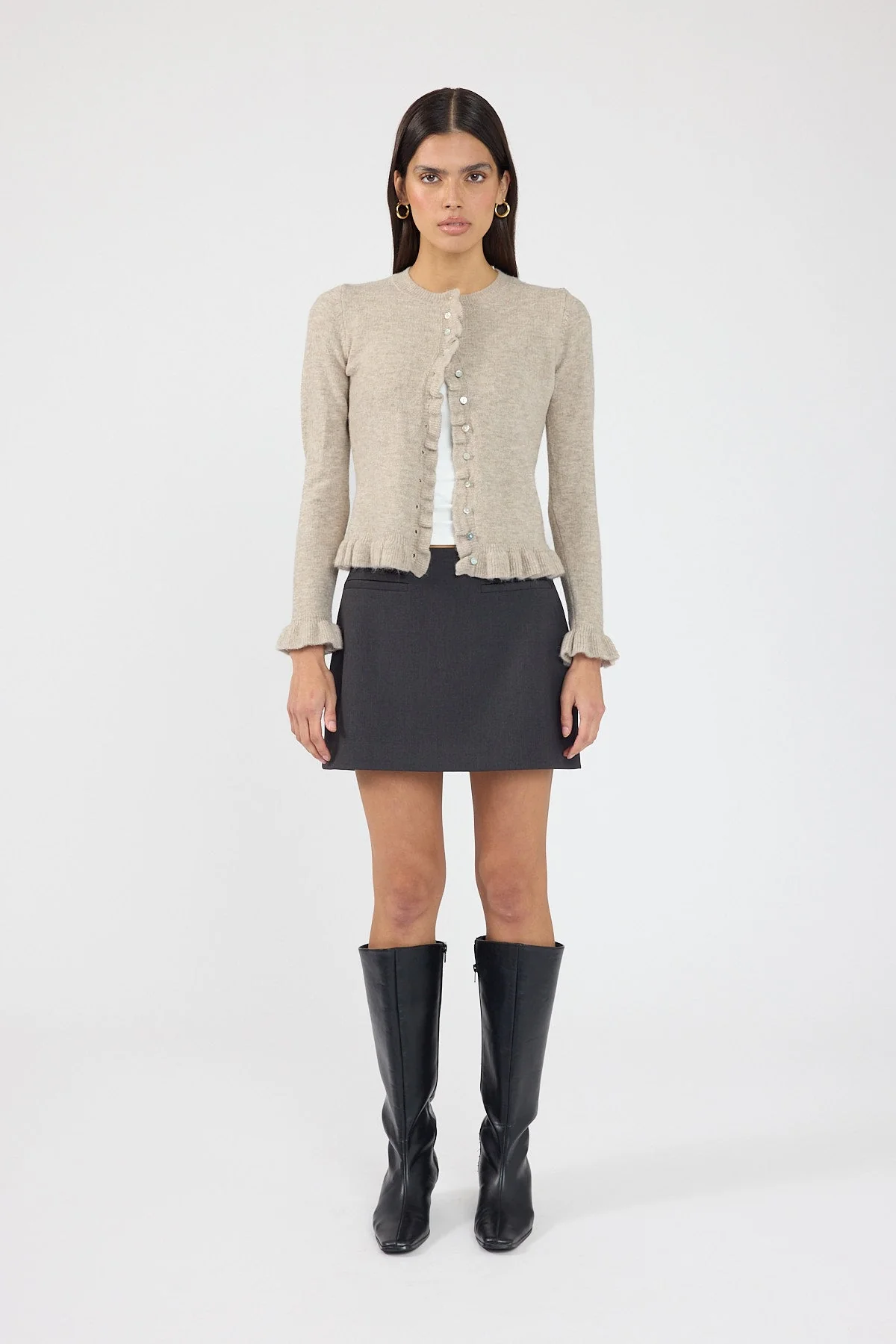 Frill Knit Cardigan Taupe