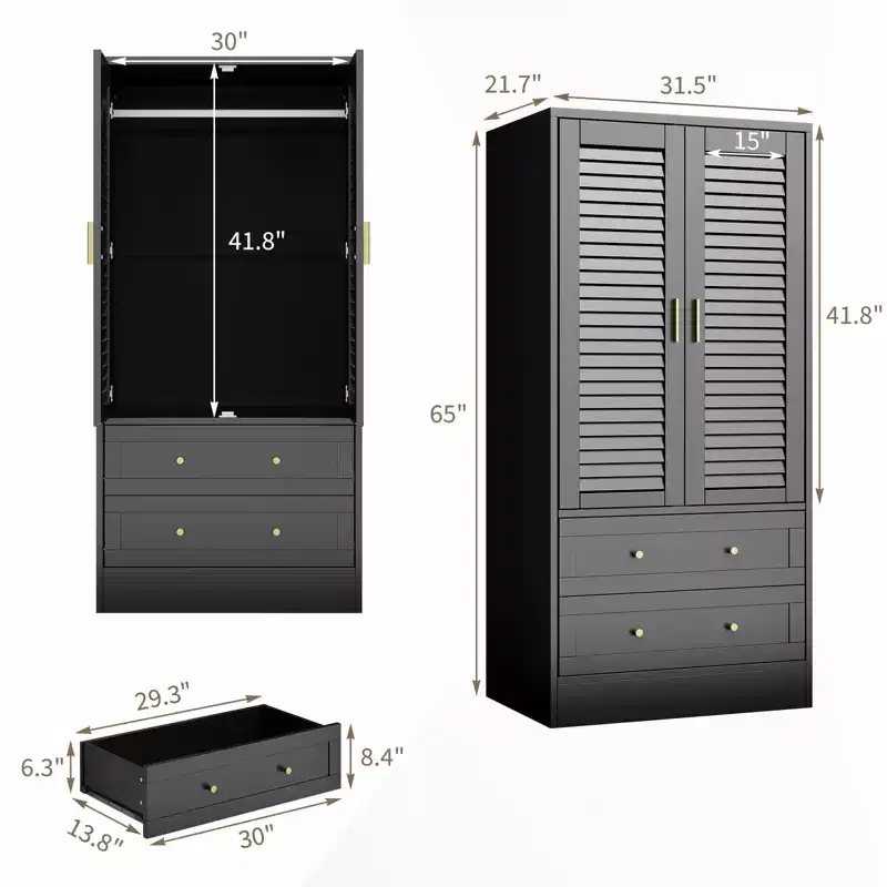 65 Louvered Armoire Wardrobe Closet, Wood Clothing Storage Cabinets with 2 Doors and 2 Drawers, Wardrobe Closet with Hanging Rod for Bedroom