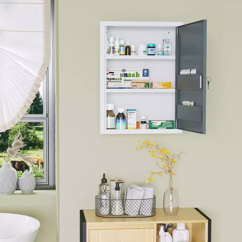 Bathroom Medicine Cabinet with Shelves Inside & On Door, Locking Medical Cabinet for Safety, First Aid Bathroom Wall Cabinet, White & Grey