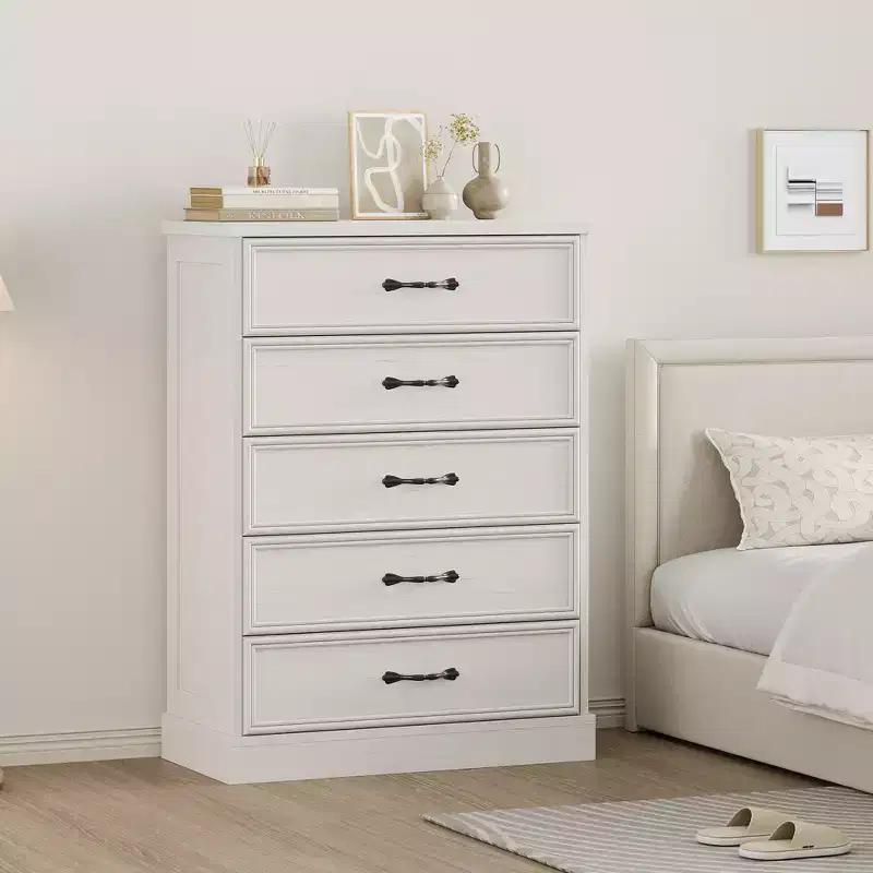 42 Mid-Century Modern 5-Drawer Dresser - Wooden Chest of Drawers with Closet Storage for Bedroom or Living Room (White)