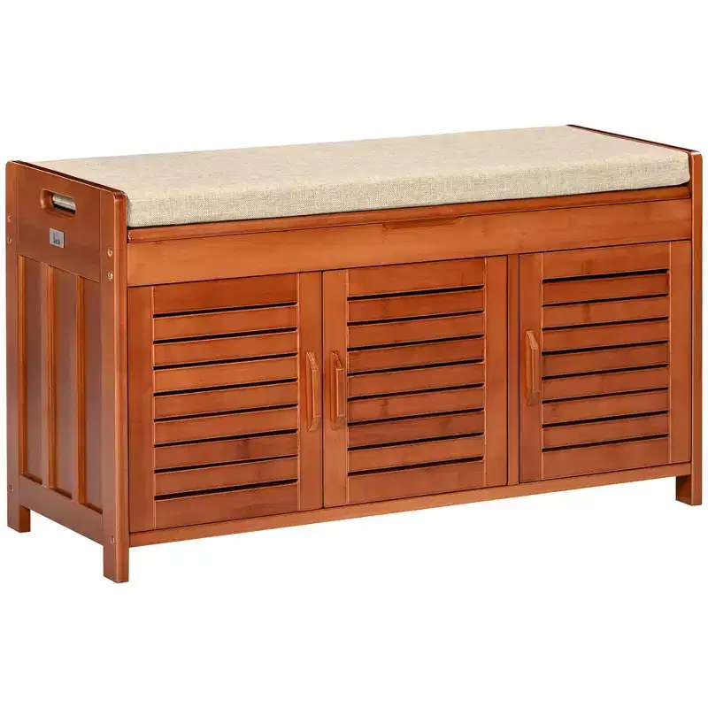 HOMCOM Shoe Bench with Storage Cabinets, Bamboo Entryway Bench with Seating Cushion, 3 Doors and Hidden Compartment for Hallway, Dark Cherry