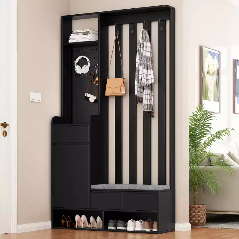 All-in-One Hall Tree with Cushioned Bench, Pegboard, Hooks & Cabinet – 70.8