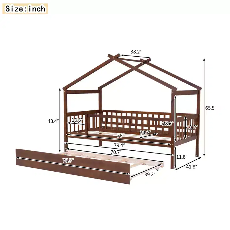 Bellemave Twin Size House Bed with Trundle, Montessori Style Bed with Guardrails for Kids, Boys, Girls, Brown