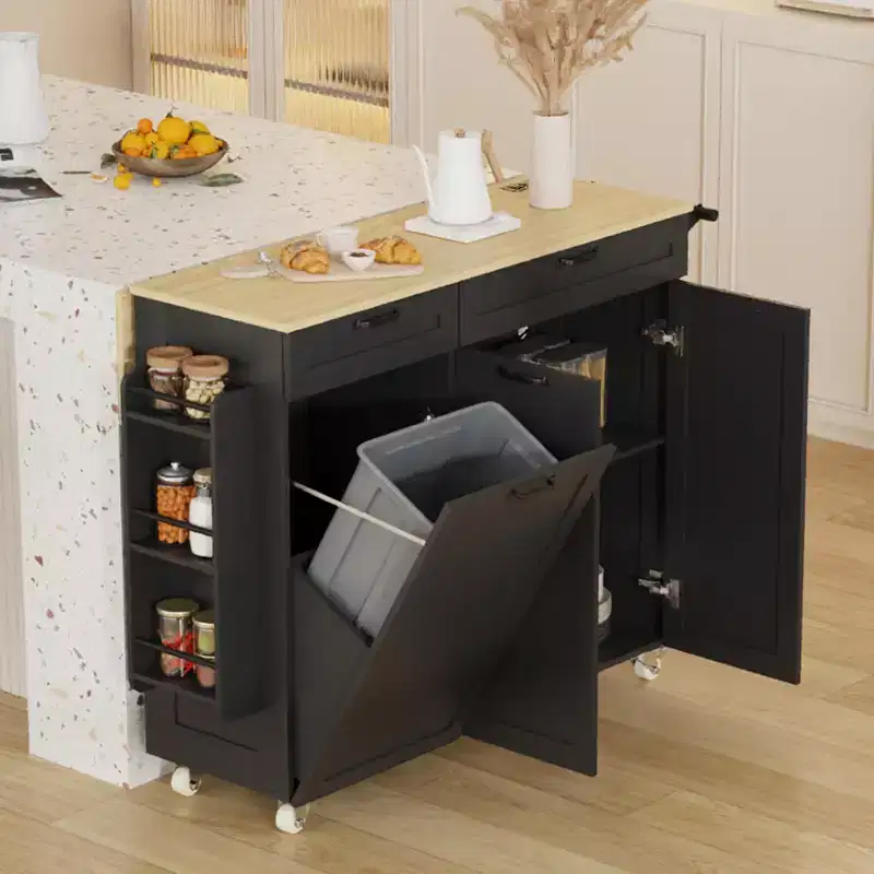 Rolling Kitchen Island with Power Outlet & Drop Leaf, Kitchen Island Cart with Trash Storage Cabinet
