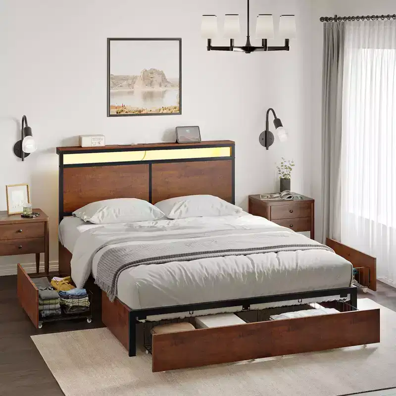 Hausource Modern Bed Frame with LED Headboard, 4 Storage Drawers, No Box Spring Needed