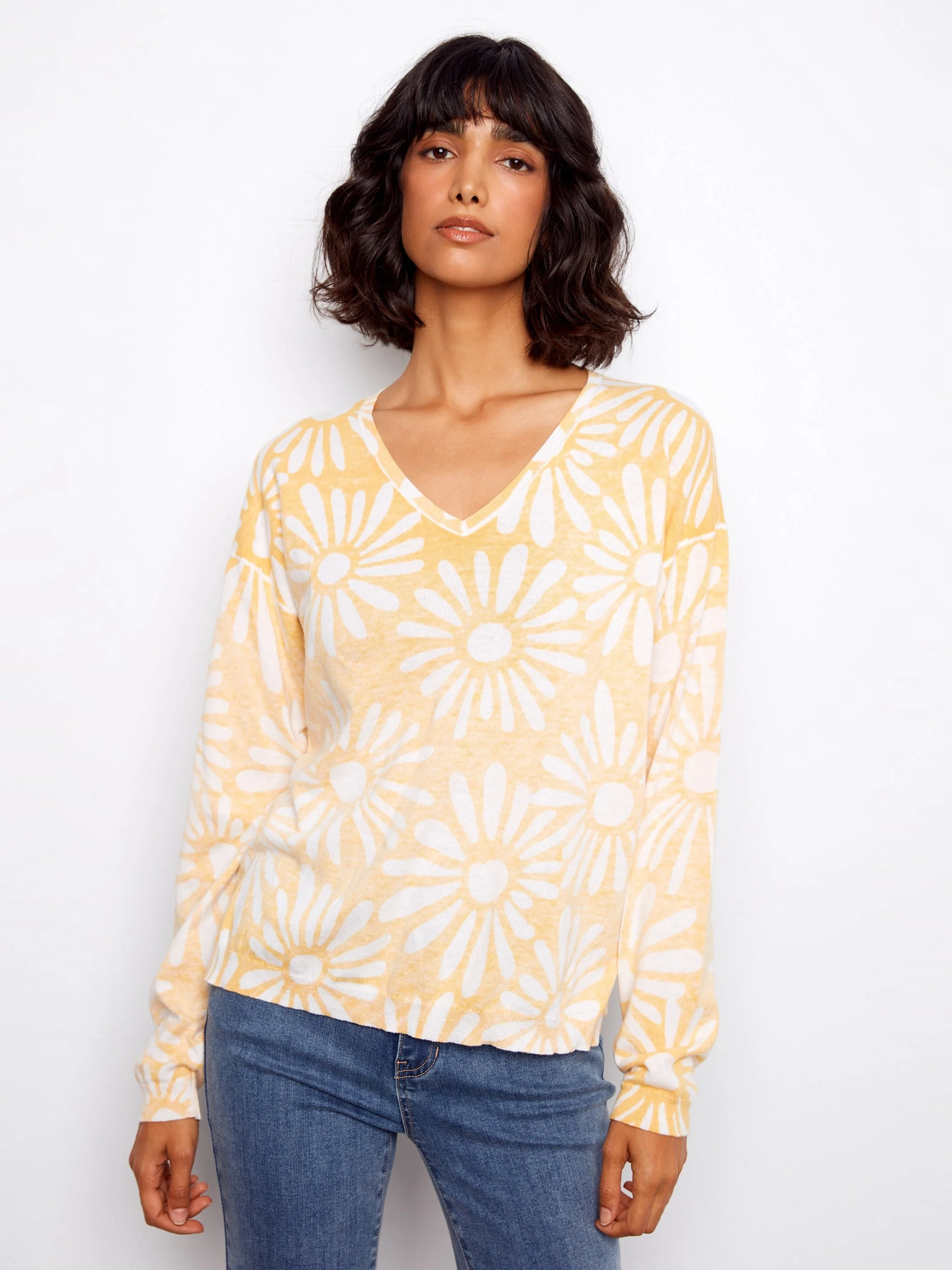 Reversible Printed V-Neck Sweater - Yellow