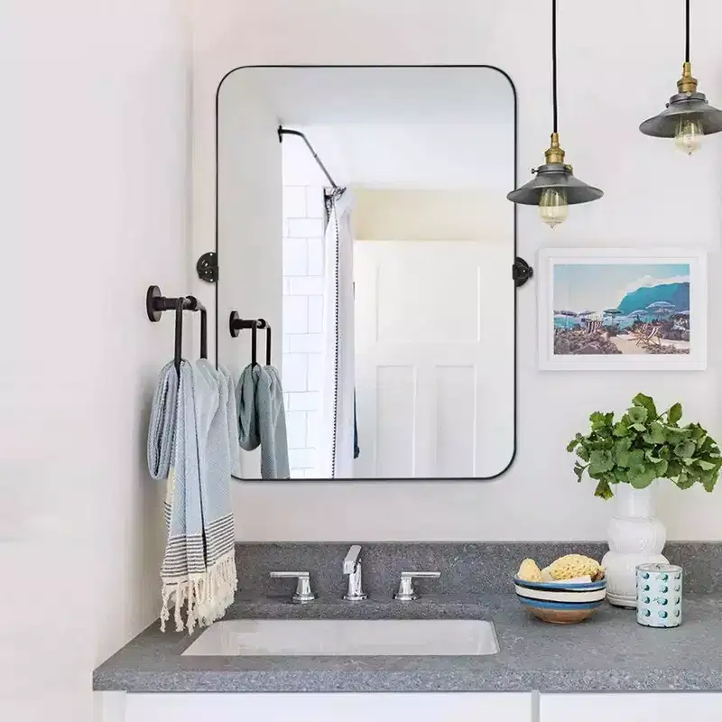 MAYEERTY Modern Black Metal Frame Round Corner Rectangular Rotating Wall Mounted Accent Mirror 36 x 24 x 2