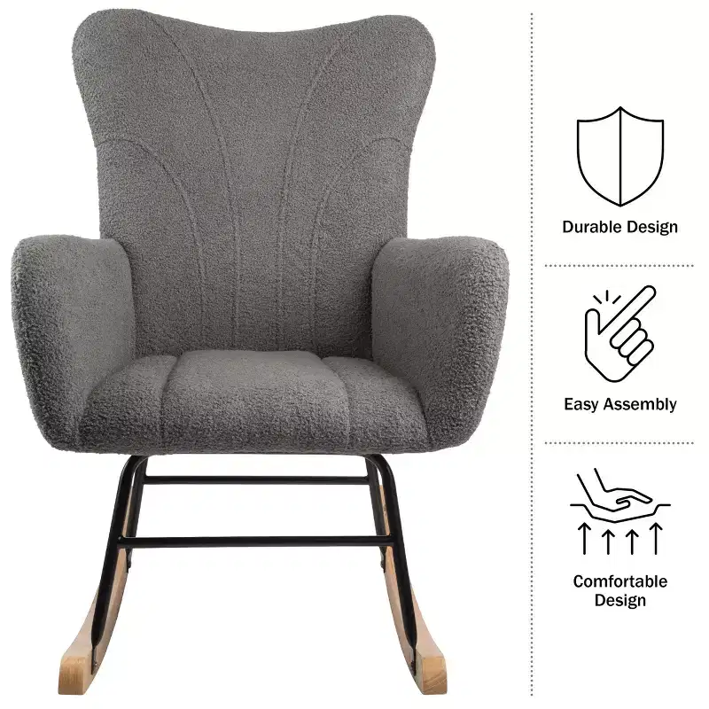 Rocking Chair Teddy Fabric Upholstered Chair Ergonomic Modern Rocker