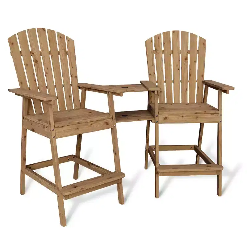 Tall Adirondack Chair Set of 2, Wood Bar Height Adirondack Chairs with Connecting Tray & Umbrella Hole, Double Balcony Chairs for Balcony, Deck
