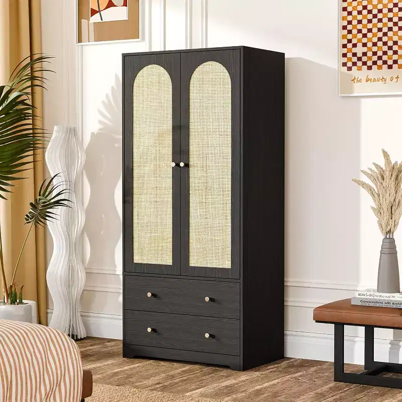 VINGLI Armoires Closet with Doors, Rattan Armoire Wardrobe Closet with Drawers & Hanging Rod, Armoire with Shelves, Wooden Wardrobe