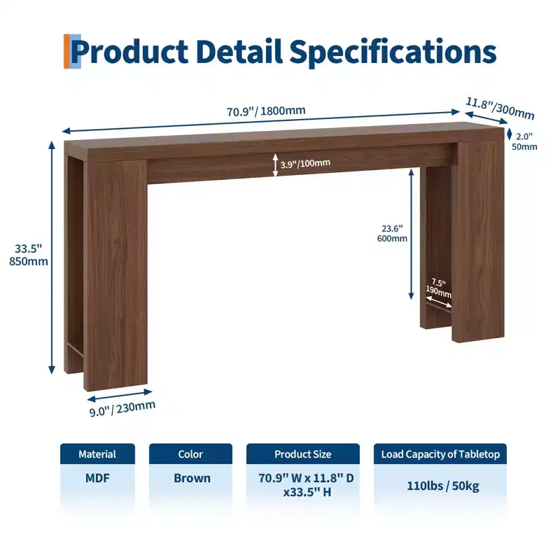 70.9 Entryway Console Table, Wooden Narrow Long Sofa Table, Rectangular Behind Couch Table for Living Room Hallway Entrance
