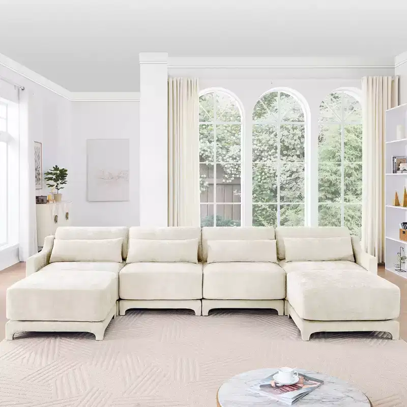 4-Seater Chenille Fabric Beige Sofa with 1 Movable Ottoman and Lumbar Pillow Solid Wood Frame High Resilient Sponge