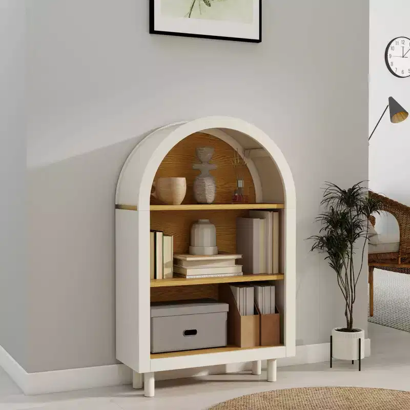 MAYEERTY Arched Storage Cabinet Wooden Bookshelf with 3 Shelves Woodgrain Shelves for Living Room Bedroom White