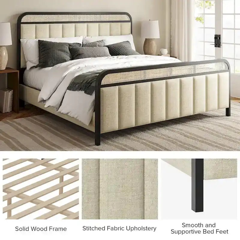 Alphons Modern Solid Wood Frame Ratten Bed with LED Headboard by HULALA HOME