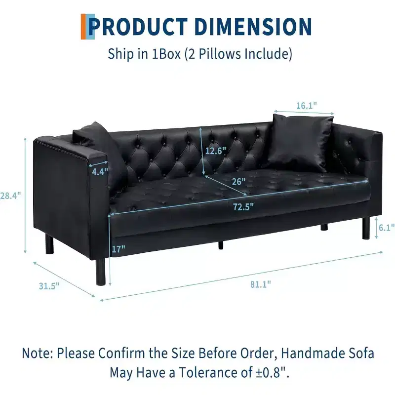 Mid-Century Modern Leather Sofa for Living Room, Chesterfield Sofa with Deep Seats and 2 Pillows, 3 Seater sofa with Butto Tufted Leather sofa