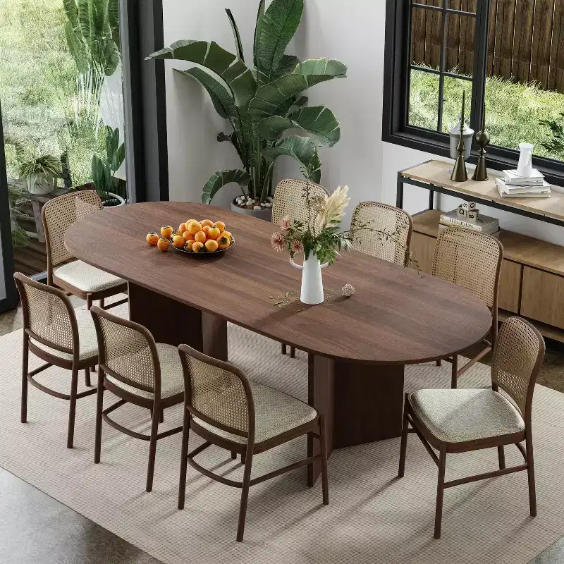 79 x 33.5 Solid Wood Farmhouse Dining Table with V-Shaped Legs and Oval Wood Top for Modern Dining Rooms & Family Gatherings Walnut