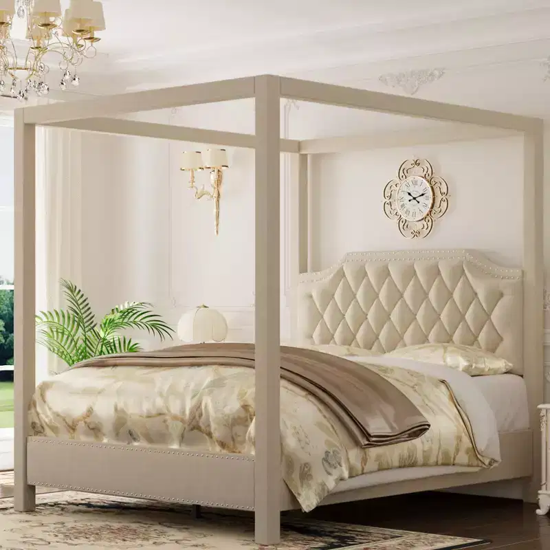 Beige/Grey Velvet Canopy Bed Frame with Nailhead Headboard for 1