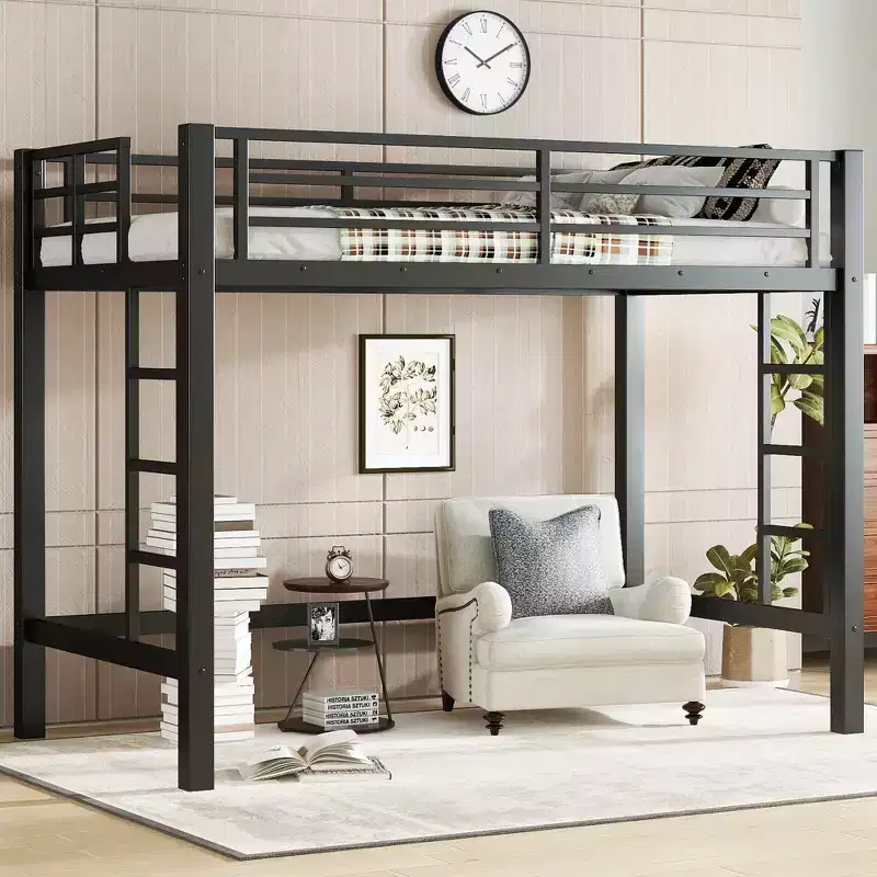 Twin Size Metal Loft Bed with Ladder & Arched Guardrail, Space Saving, No Box Spring Needed, Pink