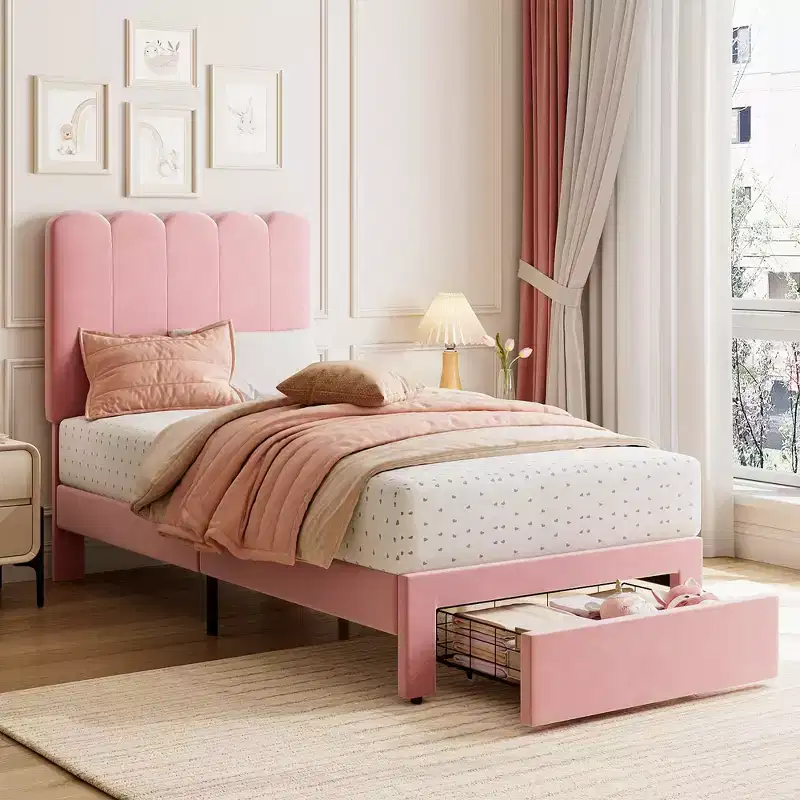 COZONY Twin Bed Frame with Storage Drawer & Wave Headboard, Wooden Slats Support Platform Bed for Kids & Girls Bedroom, No Box Spring Needed