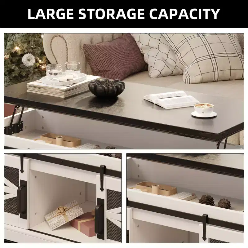 CuisinSmart Farmhouse Lift Top Multifunction Coffee Table, Sliding Barn Door, Hidden Storage Compartment, Convertible Dining Table Adjustable Shelf
