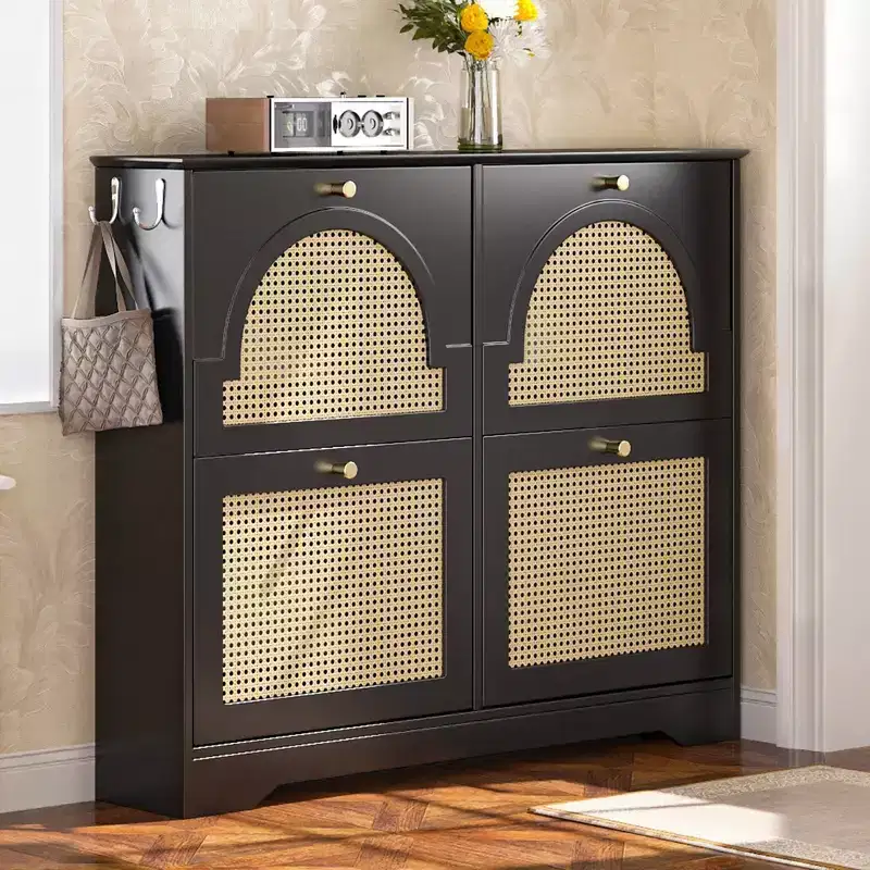 Narrow Tipping Bucket Shoe Rack & Shoe Cabinet with 4 Flip Drawers & Rattan Doors, 2 Silvery Hooks