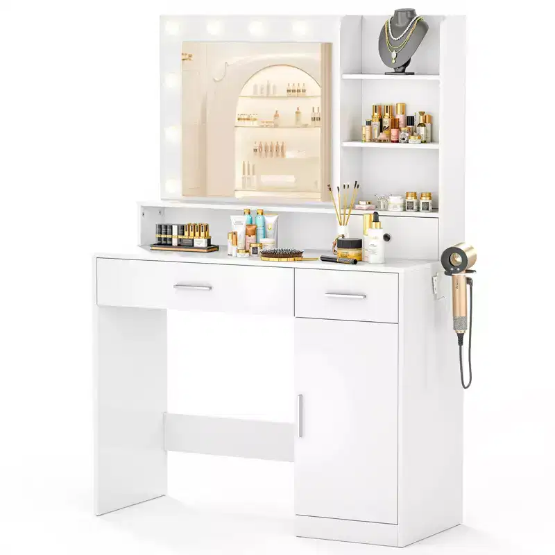 Bestier Vanity Desk with Mirror and Lights, Makeup Dressing Table with 2/3 Drawers Adjustable Shelf Power Outlet Side Rack for Bedroom Dressing Room