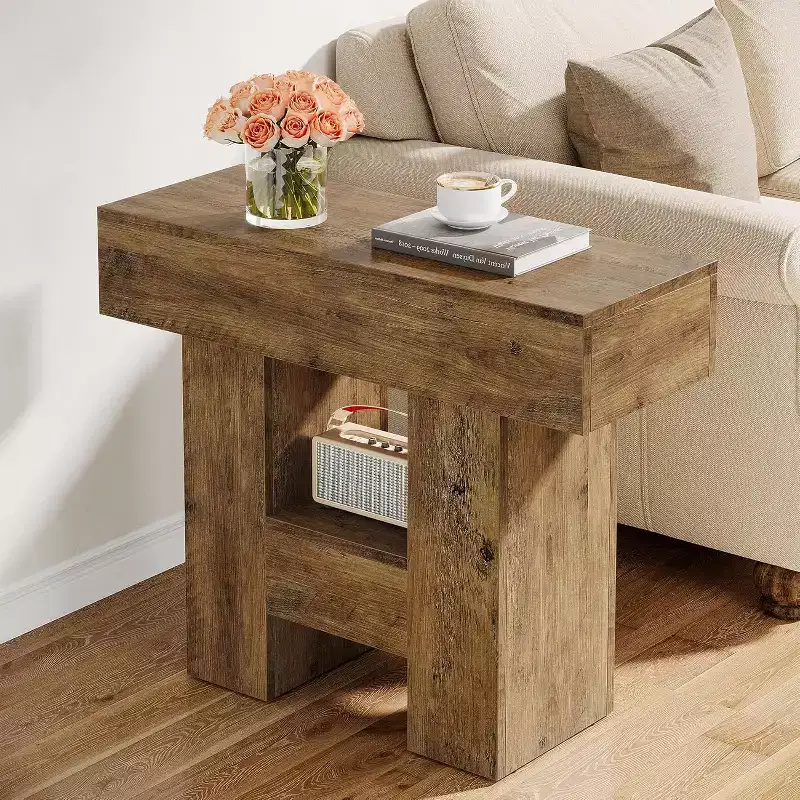 Lantine Narrow End Table, Farmhouse Sofa Side Table with 2-Tier Storage Shelf and Heavy Duty Base for Living Room