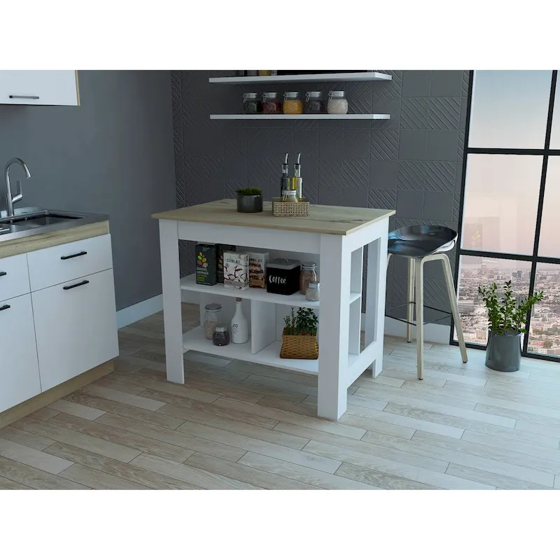 3-Shelf Kitchen Island White and Light Oak