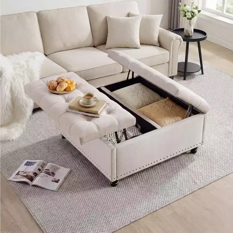Large Square Storage Ottoman with Lift Top, 300 LBS Tufted Upholstered Ottoman Coffee Table Bench with Sturdy Wood Legs, Multi-Functional Storage Box