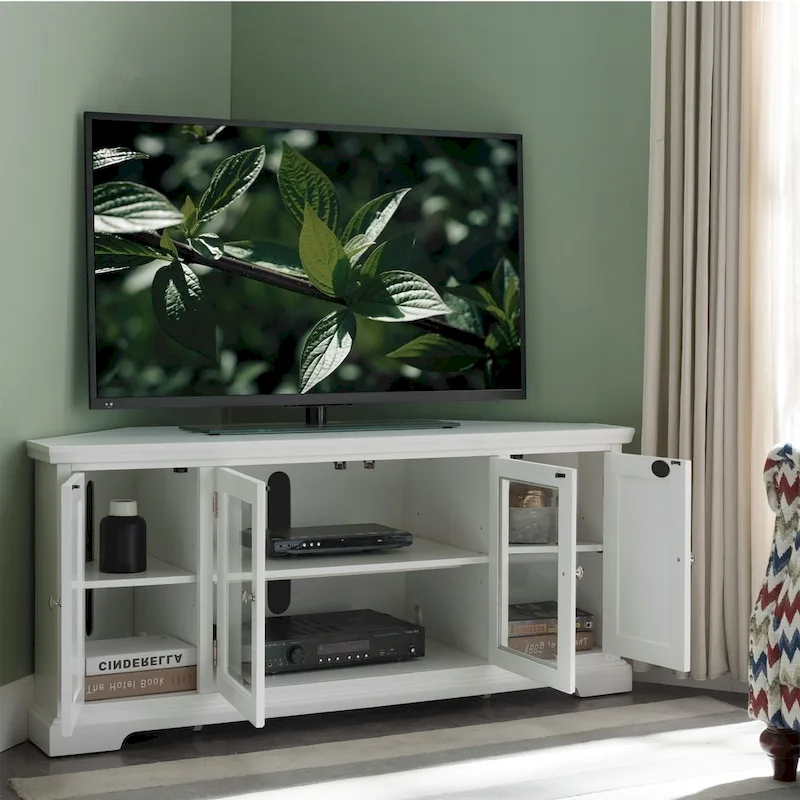 Corner TV Stand with Enclosed Storage, Fits TVs up to 60in, Adjustable Shelves, White Painted Finish