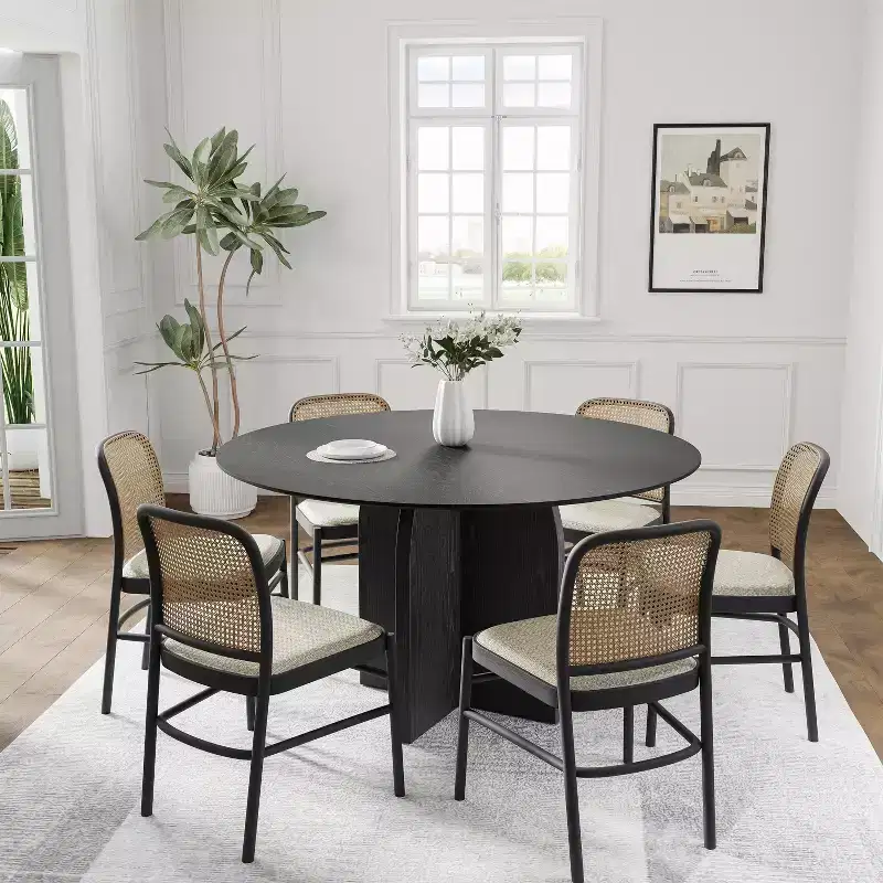 52 x 52 Solid Wood Round Dining Table with Black Finish and Elegant Arched Legs for Modern Dining Rooms & Kitchens